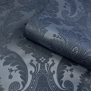 Belgravia Décor Amara Damask Dark Blue Textured Wallpaper