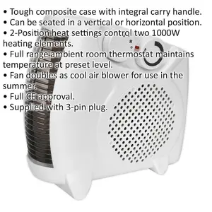 2000W Fan Heater - 2 Heat Settings - Thermostat Control - Composite Case