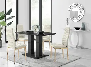 Furniturebox Imperia 4 Modern Black High Gloss Dining Table and 4 Cream Velvet Milan Gold Leg Chairs