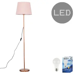 ValueLights Modern Standard Floor Lamp In Copper Metal Finish With Pink Tapered Shade - With LED GLS Bulb in Warm White