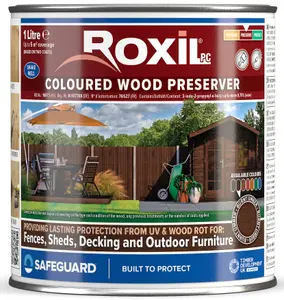 Roxil Wood Stain Preserver (1L Burnt Umber) - 5 Year Protection for Indoor & Outdoor Wood. No VOCs, Fast-Drying. 5 m Coverage