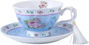 Coffee Tea Cups and Saucers Set of 2 Vintage Flower Flora Rose Lavender Gift Box