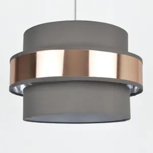 First Choice Lighting Easy Fit 2 Tier Grey Fabric & Brushed Copper Plated Banded Ceiling Shade