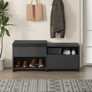 Decortie Modern Filux Shoe Bench Rack Anthracite Sliding Fabric Seat and 120.3(W) Storage Cabinet 2-Tier Open Shelves Hallway