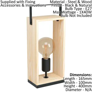 Table Lamp Desk Light Black & Natural Steel & Wood Box 1 x 40W E27 Bulb