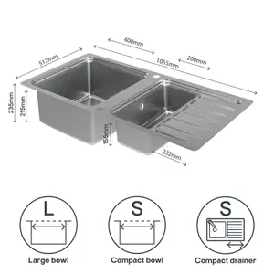 GoodHome Romesco Brushed Stainless steel 1.5 Bowl Kitchen sink With compact drainer 510mm x 1050mm