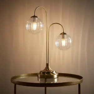 Antique Brass table lamp with 2 arms and ribbed glass light shades modern home decor