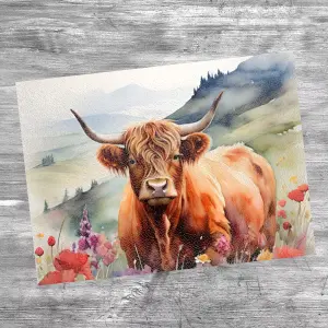 Textured Glass Chopping Board Watercolour Highland Cow - Medium