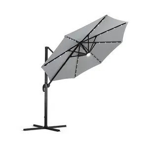 3M Large Canopy Tilting Garden Rome Umbrella Cantilever Parasol with Solar Lights, Light Grey