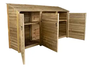 Wooden log store with door and kindling shelf W-335cm, H-180cm, D-88cm - natural (light green) finish