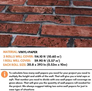 3D Red Brick Effect Wallpaper Set of 4 Rolls - Covers 239.60 ft² (22.26 m²), Includes Glue - Easy Paste The Paper Application