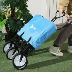 Outsunny Folding Outdoor Storage Trolley Cart Bag Telescopic Handle Brakes Blue