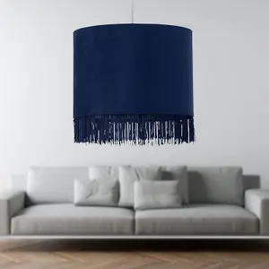 First Choice Lighting Set of 2 Tassel Navy Blue Velvet with Chrome Inner Easy Fit 25cm Pendant Shades