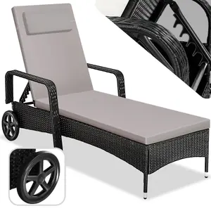 Sun Lounger Cassis - 6-step adjustable backrest, removable headrest, with wheels - black