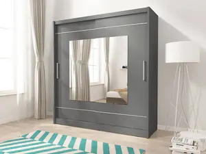 Elegant Maja IX Sliding Door Wardrobe H2140mm W2000mm D620mm in Grey - Contemporary Storage with Expansive Mirror