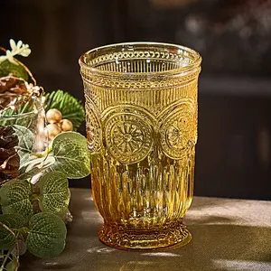 Set of 2 Luxury Embossed Yellow Tall Drinking Glass Tumblers 330ml