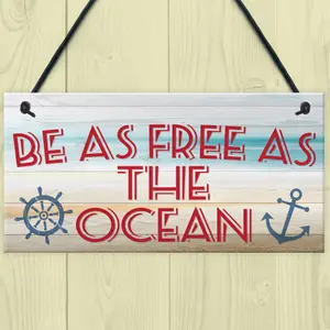 Red Ocean Free As The Ocean Nautical Seaside Marine Theme Hanging Plaque Bedroom Bathroom Door Sign