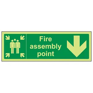 Fire Assembly Point Arrow Down Workplace Safety Sign - Glow in the Dark 300x100mm (x3)