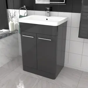 Nes Home 600mm Freestanding Dark Grey Basin Vanity & 350mm Wall Hung Cabinet