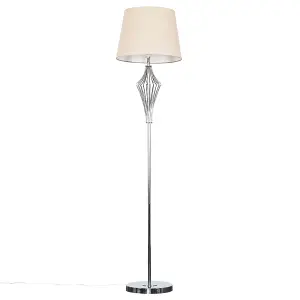 ValueLights Jaspa Chrome Metal Wire Geometric Diamond Design Floor Lamp with Beige Tapered Shade with 6w LED GLS Bulb