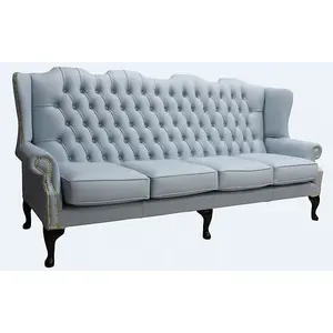 Chesterfield 4 Seater Flat Wing High Back Shelly Parlour Blue Leather Sofa In Queen Anne Style