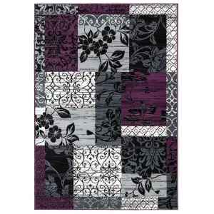 Purple Black Grey Floral Patchwork Living Room Rug 120x170cm