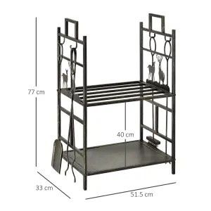 Outsunny 2-Tier Wrought Iron Firewood Holder w/ 4 Tools Handles Heavy Duty Rack