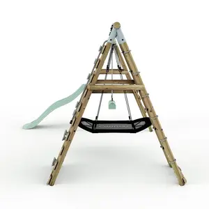 Limited Edition Rebo Wooden Double Swing Set with Slide plus Up and Over Climbing Wall - Quartz - Pastel Green