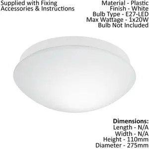 Flush Ceiling Light IP44 Bathroom Colour White Shade White Glass Bulb E27 1x20W