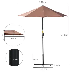 Outsunny 2m Half Parasol Market Umbrella Garden Balcony Parasol with Crank Handle, Cross Base, Double-Sided Canopy, Coffee