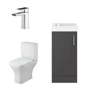 Cloakroom Suite - Floor Standing Vanity Basin Unit, Tap, and Toilet - Gloss Grey