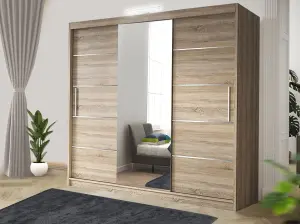 Bedroom Sliding Wardrobe with LED - Storage Space & Sleek Design comes in Width 100cm/120cm/150cm/180cm/203cm/250cm (Oak, 250cm)