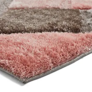 Grey Pink Modern Shaggy Easy to Clean Geometric Rug For Dining Room-160cm X 220cm