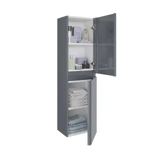 Rinse Bathrooms 1400mm Gloss Grey 2 Door Wall Hung Tall Boy Bathroom Cabinet Storage Unit