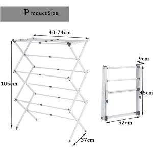 3 Tier Extendable Compact Clothes Airer With 7.5m Washing Line Drying Space Towel Rack - White