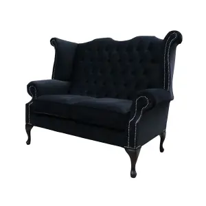 Chesterfield Original 2 Seater High Back Sofa Amalfi Black Velvet Fabric In Queen Anne Style