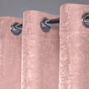 Sienna Pair of Crushed Velvet Panel Lace Voile Net Curtain Textured Eyelet Ring Top, Blush Pink Panels - 55" wide x 87" drop