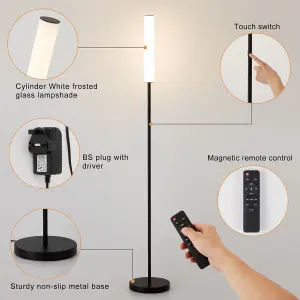 HARPER LIVING Modern LED Floor Lamp with Remote + Touch Control, Black Standing Reading Lamp with Cylinder White Plastic Shade