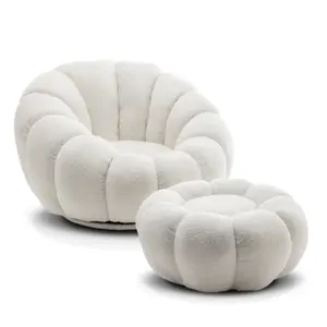 Teddy Boucle Fabric White Mirielle Swivel Accent Chair with Footstool