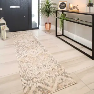 Neutral Beige Distressed Diamond Geometric Soft Runner Rug 60x240cm