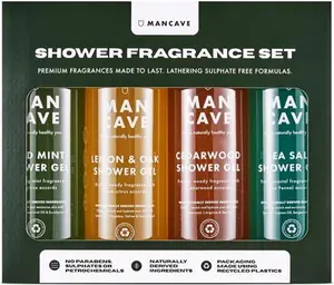 Mancave Men's Ultra-Premium Shower Gel Fragrance Gift Set, Featuring 4 X 500Ml Natural Sulphate Free Shower Gels: Wild Mint, Lemon & Oak, Cedarwood