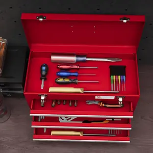 DURHAND Lockable 3 Drawer Tool Chest with Ball Bearing Slide Drawers Red