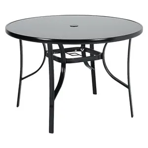 Black Round Tempered Glass Top Garden Bistro Dinging Table with Metal Frame and Umbrella Hole Outdoor 105 cm