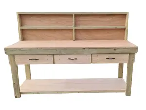 Wooden Eucalyptus hardwood top workbench, tool cabinet with drawers (V.1) (H-90cm, D-70cm, L-210cm) with back