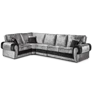 Chelsea Black and Silver Crushed Velvet Long 5 Seater Large Corner Sofa 1 Corner 3 Rolled Arms