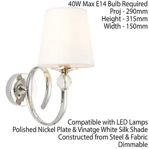 Luxury Traditional Curved Arm Wall Light Bright Nickel Crystal & White Shade