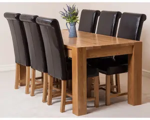 Kuba 180 x 90 cm Chunky Oak Dining Table and 6 Chairs Dining Set with Washington Brown Leather Chairs