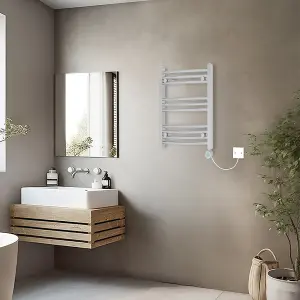 Rinse Bathrooms Electric Heated Towel Rail Curved Chrome Thermostatic Bathroom Towel Radiator with Timer - 600x500mm