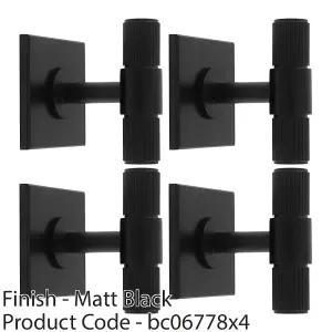 4 PACK - Reeded T Bar Cabinet Door Knob & Matching Backplate Lined Matt Black 40 x 40mm