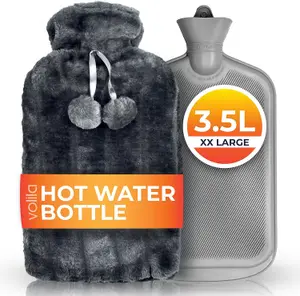 3.5L XX Large Hot Water Bottle - Grey Faux Fur Covered Hot Water Bag for Pain Relief, Hand & Foot Warmer, Soft & Washable